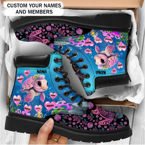 Personalized Turtle Grandma Hearts with Kid Name Ocean Vibe Leather Boots Printed MTPD202393