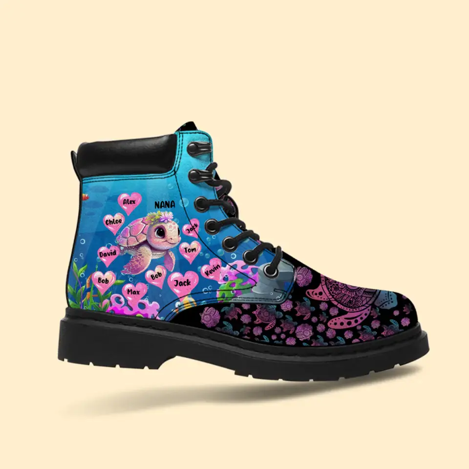 Personalized Turtle Grandma Hearts with Kid Name Ocean Vibe Leather Boots Printed MTPD202393