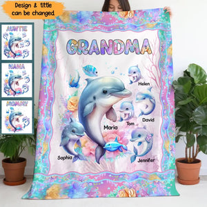 Personalized Grandma Dolphin & Kid Names Sherpa or Fleece Blanket Printed MTPN2023126