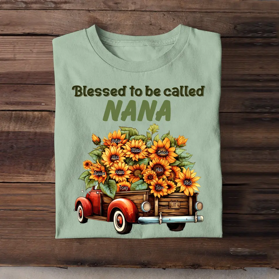 Personalized Blessed To Be Called Nana Grandma Sunflowers Car with Kid Names T-shirt Printed HTHHN23160