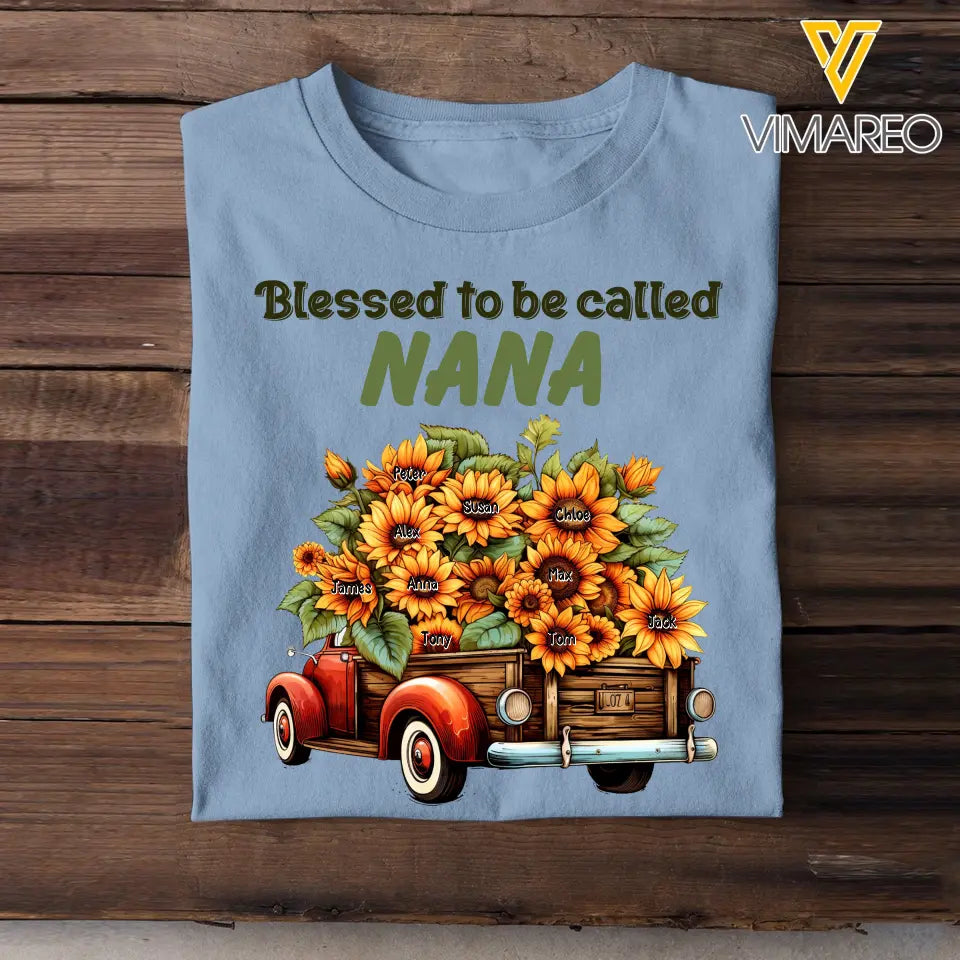 Personalized Blessed To Be Called Nana Grandma Sunflowers Car with Kid Names T-shirt Printed HTHHN23160