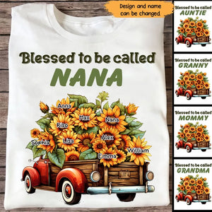 Personalized Blessed To Be Called Nana Grandma Sunflowers Car with Kid Names T-shirt Printed HTHHN23160