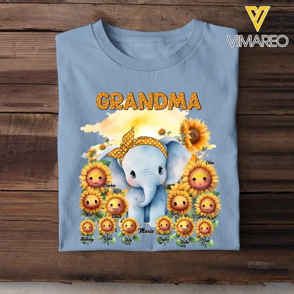 Personalized Grandma Elephant Sunflowers with Kid Names T-shirt Printed MTHN23172