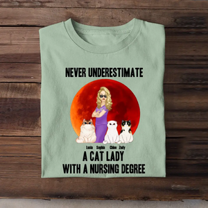 Personalized Never Underestimate A Cat Lady With A Nursing Degree T-shirt Printed 23JUN-TB16