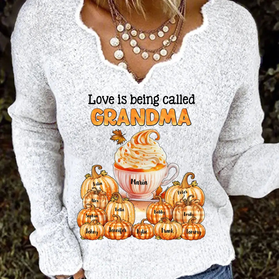 Personalized Love Is Being Called Grandma Pumpkin Women V-neck Long Sleeve Shirt Printed MTPN23219