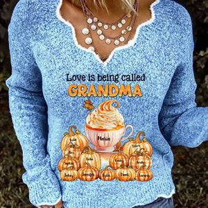 Personalized Love Is Being Called Grandma Pumpkin Women V-neck Long Sleeve Shirt Printed MTPN23219