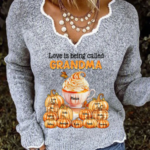 Personalized Love Is Being Called Grandma Pumpkin Women V-neck Long Sleeve Shirt Printed MTPN23219