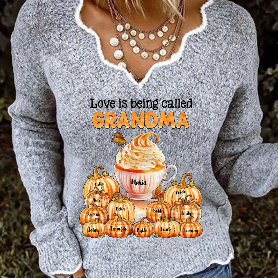 Personalized Love Is Being Called Grandma Pumpkin Women V-neck Long Sleeve Shirt Printed MTPN23219