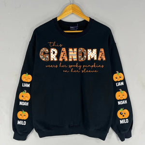 Personalized This Grandma Wears Her Spooky Pumpkins On Her Sleeve Sweatshirt Printed HTHKVH23412