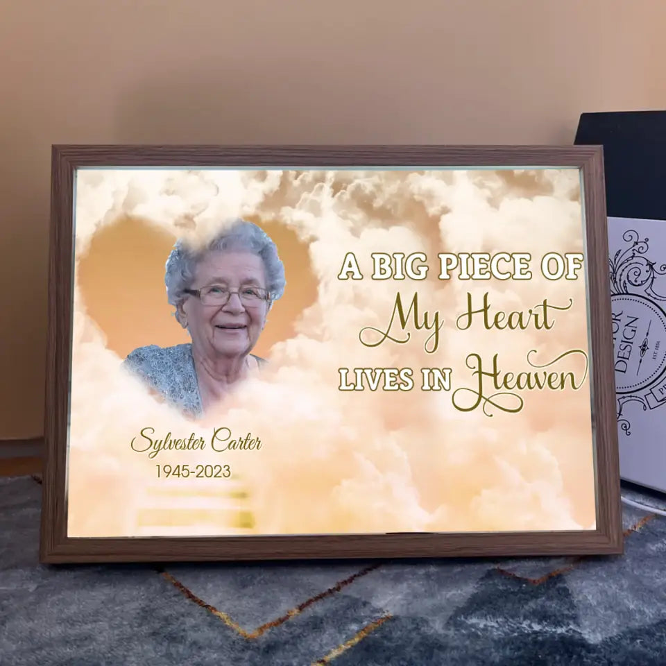 Personalized Upload Your Grandma Photo A Big Piece Of My Heart Lives In Heaven Light Frame Canvas Printed VQ23423