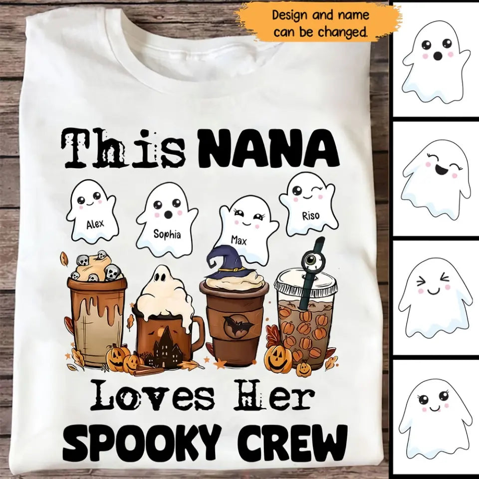 Personalized This Nana Loves Her Spooky Crew Ghosts with Kid Names Halloween Gift T-shirt HTHHN23427