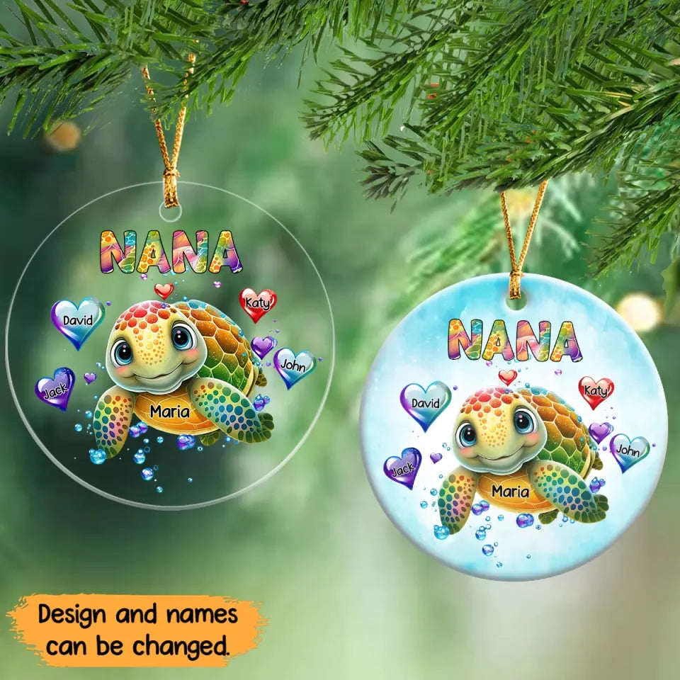 Personalized Nana Grandma Turtle Hearts with Kid Names  Christmas Gift Acrylic/Ceramic Ornament Printed PTN23471