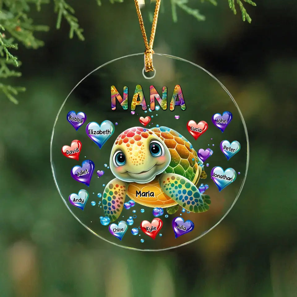 Personalized Nana Grandma Turtle Hearts with Kid Names  Christmas Gift Acrylic/Ceramic Ornament Printed PTN23471