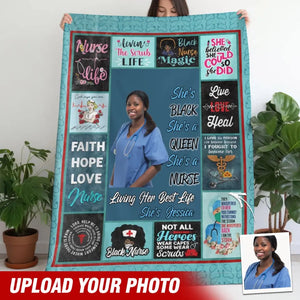 Personalized Upload Your Photo She's Black She's A Queen She's A Nurse Living Her Best Life She's Jessica Sherpa or Fleece Blanket Printed HTHVQ23492