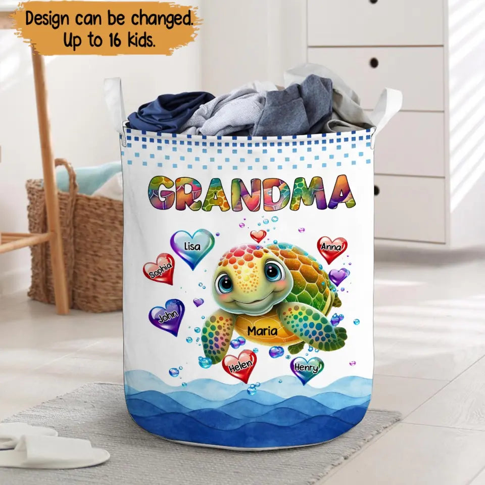 Personalized Turtle Grandma Heart with Kid Names Laundry Basket Printed PTN23512