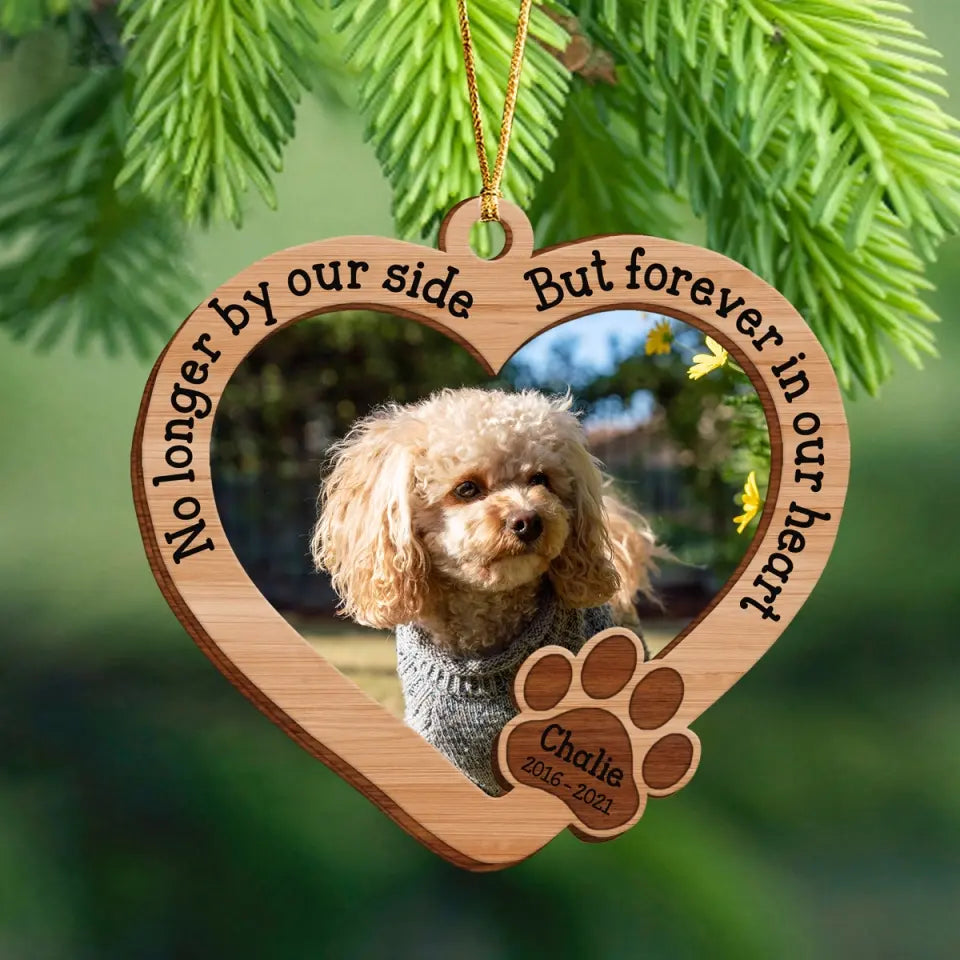 Personalized Upload Your Dog Photo No Longer By Our Side But Forever In Our Heart Wooden Ornament Printed QTPN23573