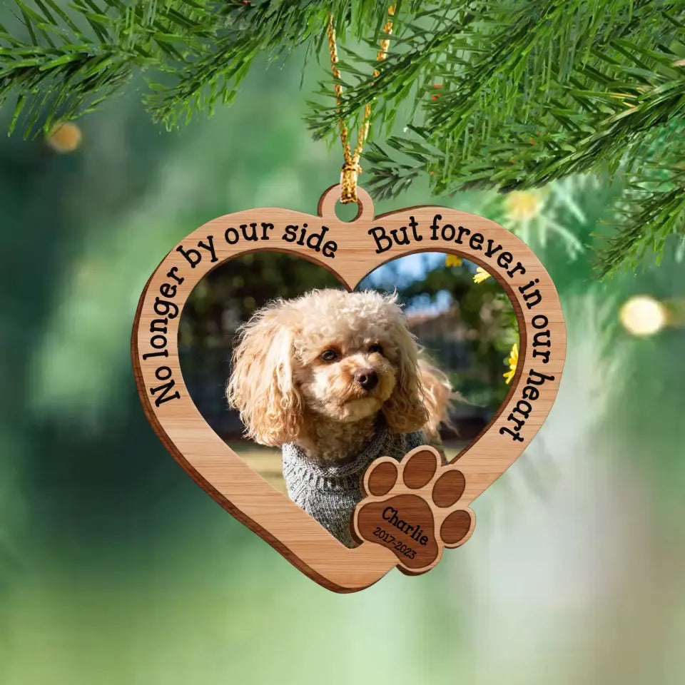 Personalized Upload Your Dog Photo No Longer By Our Side But Forever In Our Heart Wooden Ornament Printed QTPN23573