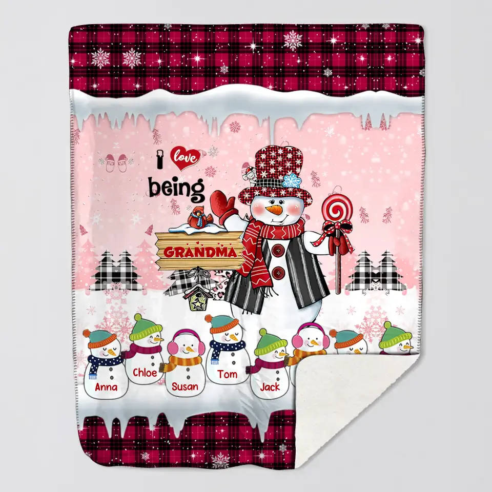 Personalized I Love Being Grandma Snowman with Kid Names Sherpa or Fleece Blanket Printed KVH23576