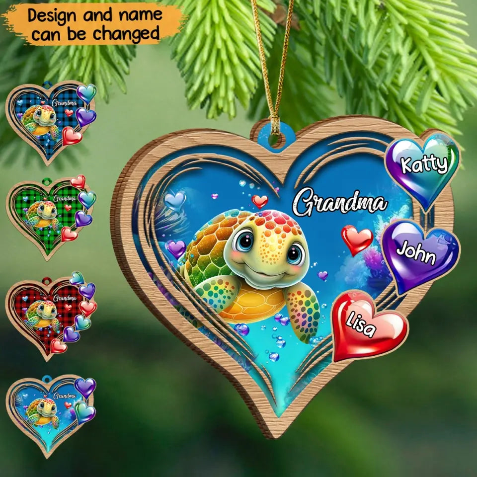 Personalized Grandma Turtle Hearts with Kid Names Wooden Ornament Printed PTN23594