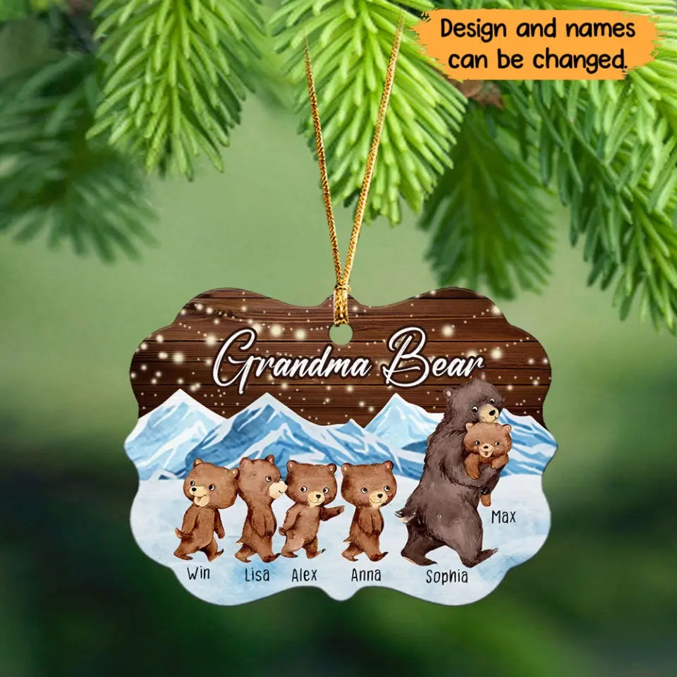 Personalized Grandma Bear & Kid Names Wooden Or Acrylic Ornament Printed HN23603