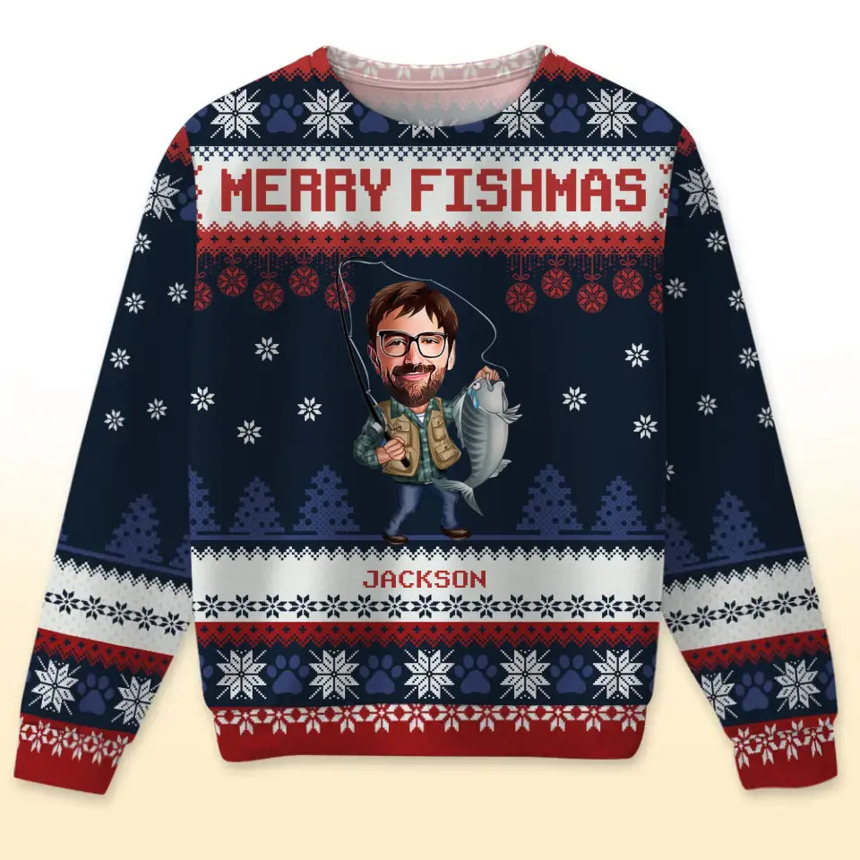 Personalized Upload Your Fishing Photo Merry Fishmas Christmas Gift Ugly Sweater Printed KVH23609