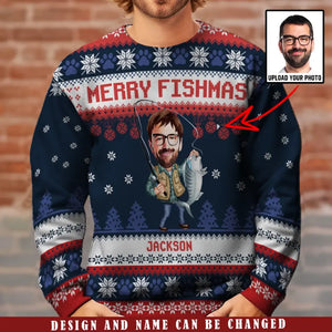 Personalized Upload Your Fishing Photo Merry Fishmas Christmas Gift Ugly Sweater Printed KVH23609