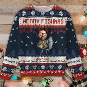 Personalized Upload Your Fishing Photo Merry Fishmas Christmas Gift Ugly Sweater Printed KVH23609