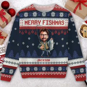 Personalized Upload Your Fishing Photo Merry Fishmas Christmas Gift Ugly Sweater Printed KVH23609