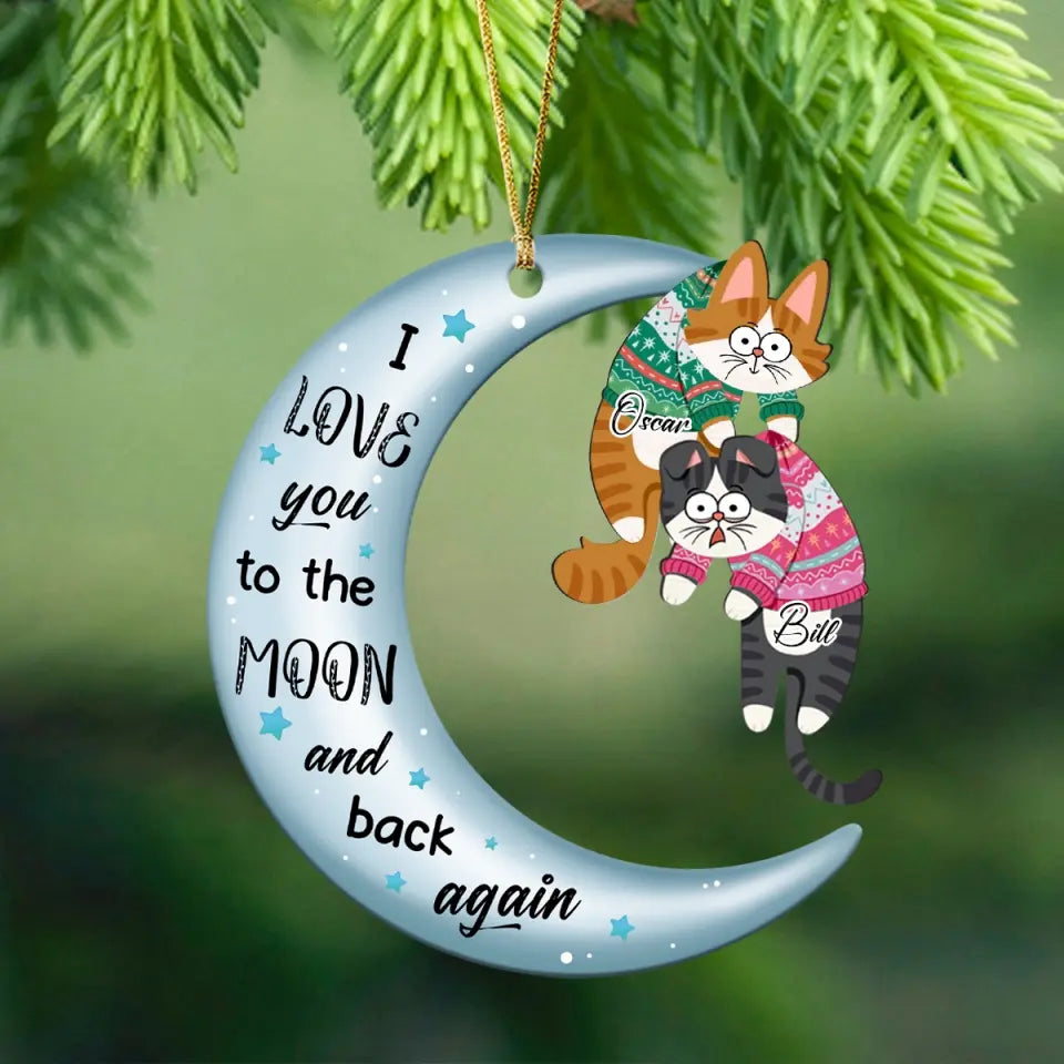 Personalized I Love You To The Moon & Back Again Cat Hanging Crescent Moon Acrylic Ornament Printed PN23633