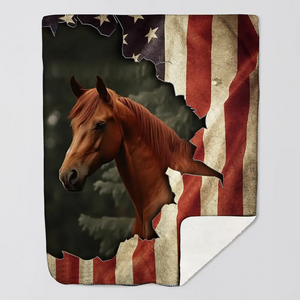 Personalized Upload Your Horse Photo US Flag Sherpa or Fleece Blanket Printed PTN23659