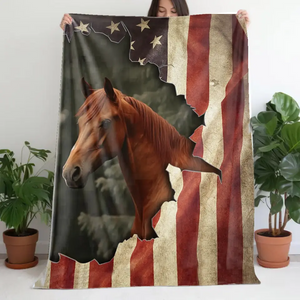 Personalized Upload Your Horse Photo US Flag Sherpa or Fleece Blanket Printed PTN23659