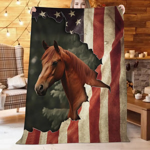 Personalized Upload Your Horse Photo US Flag Sherpa or Fleece Blanket Printed PTN23659