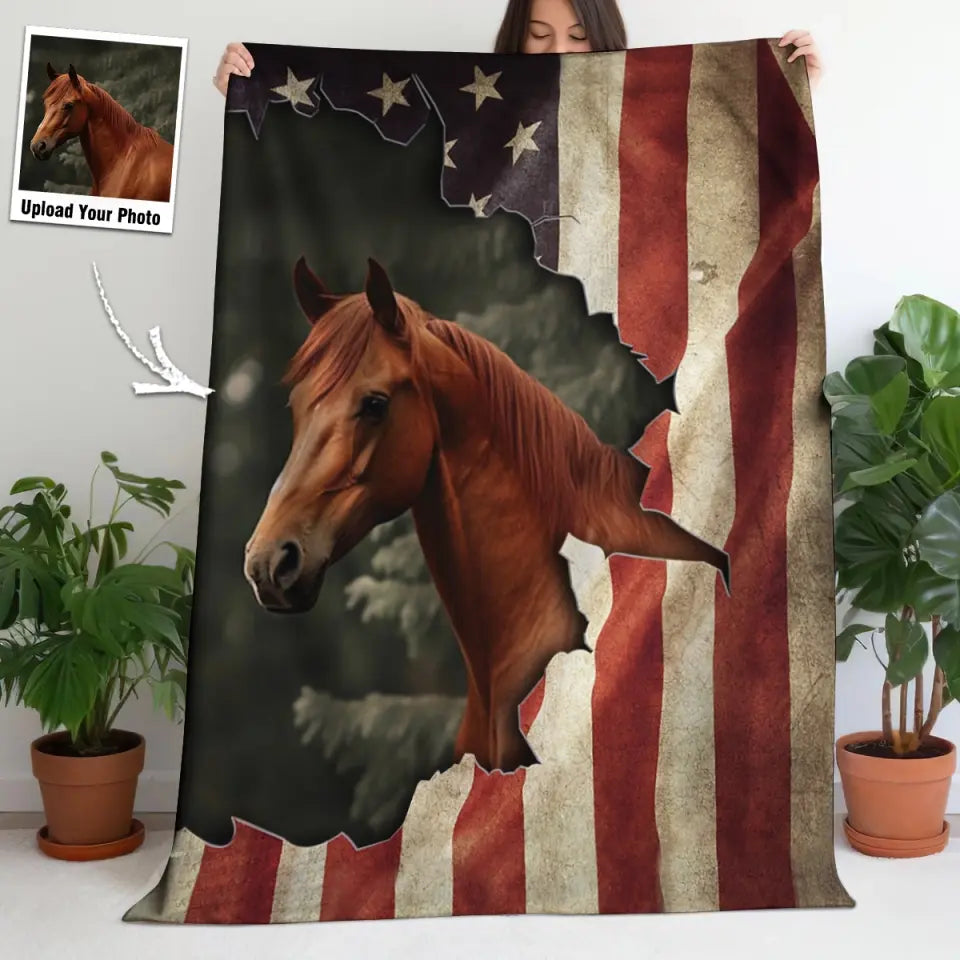 Personalized Upload Your Horse Photo US Flag Sherpa or Fleece Blanket Printed PTN23659