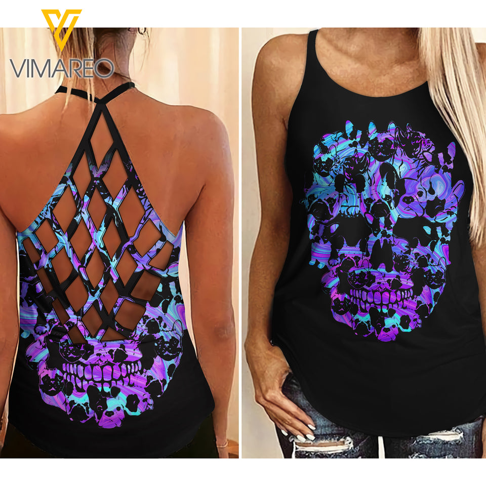 Frenchie Dog Skull Criss-Cross Open Back Camisole Tank Top MQSEHR