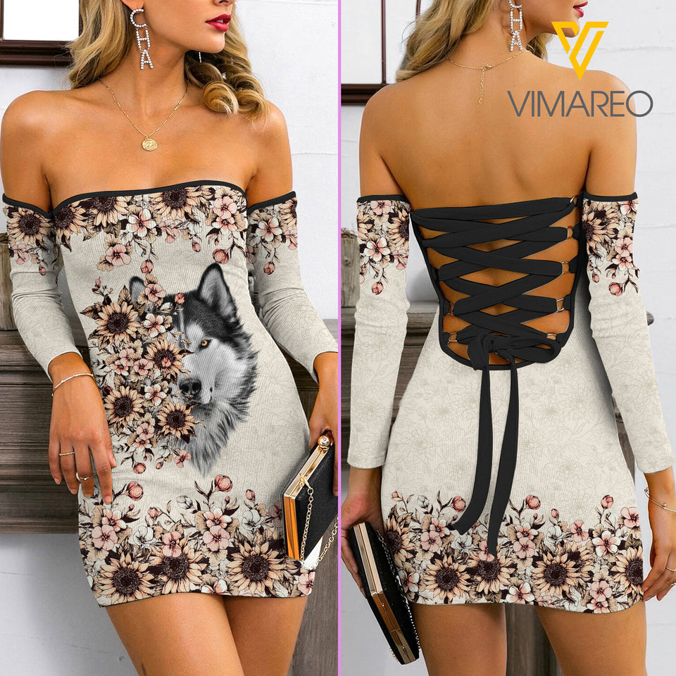 Husky Mom Lace Up Back Bardot Bodycon Dress EZT110521