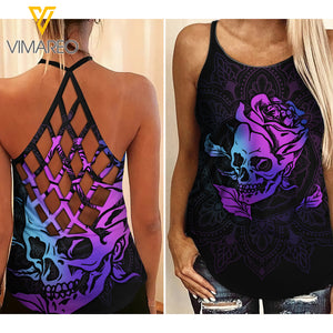 PHN Skull Mandala Criss-Cross Open Back Camisole Tank Top Legging MAR-DT13