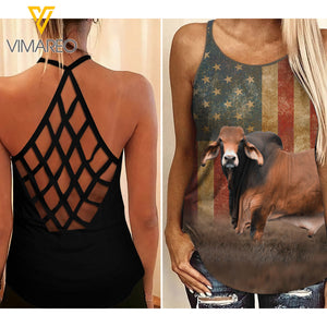 Brahman Cattle Criss-Cross Open Back Camisole Tank Top MAR-HQ24