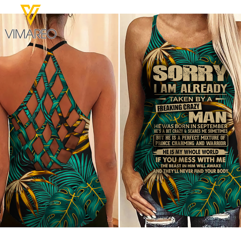 Sorry I Am Already Taken By A Freaking Crazy Was Born In September Criss-Cross Open Back Camisole Tank Top AUG-MQ30