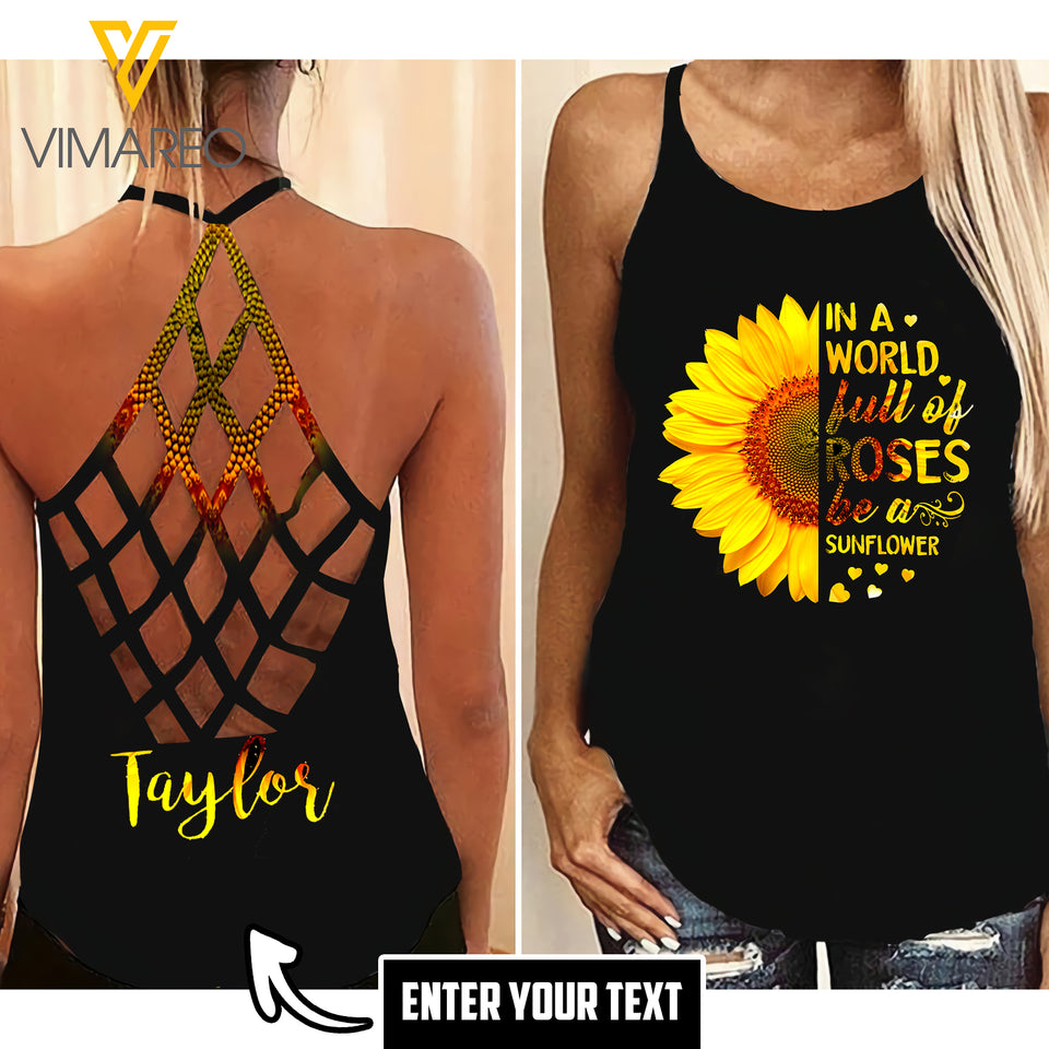 Personalized Sunflower Criss-Cross Open Back Camisole Tank Top MAR-LN31