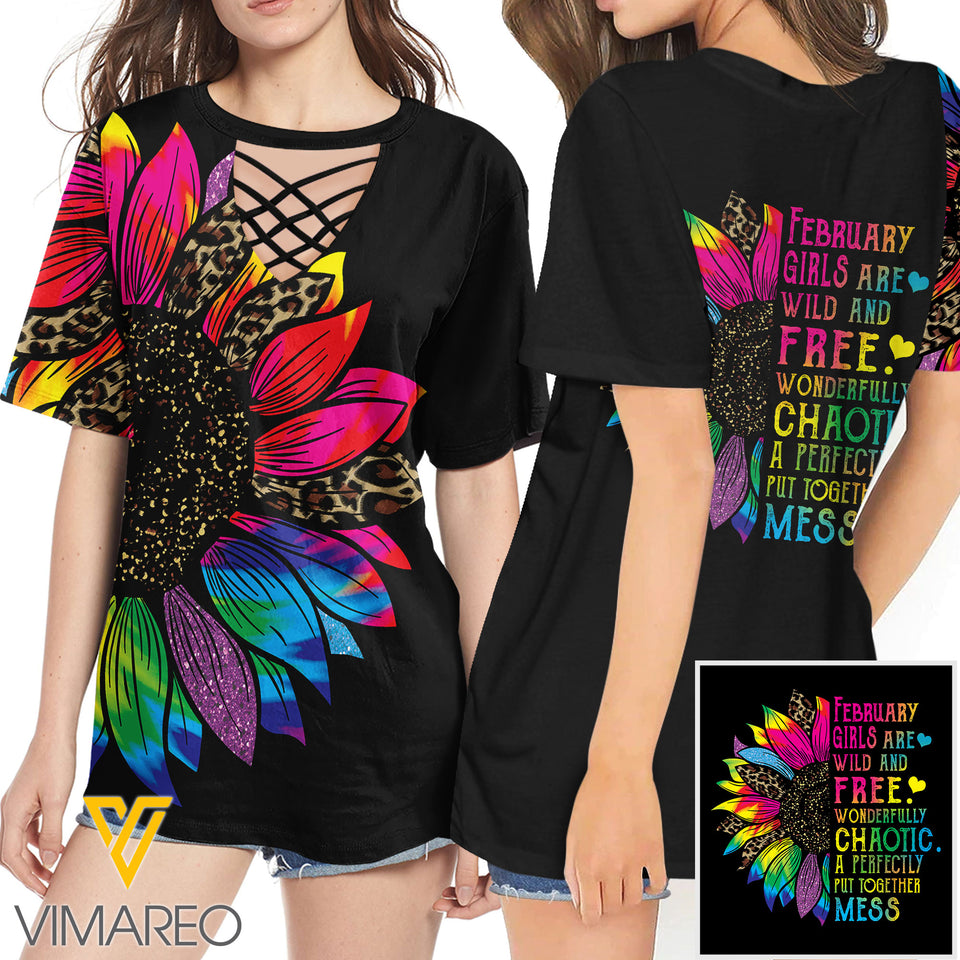 KHMD FEBRUARY GIRL SUNFLOWER 3D Printed Lace up T-Shirt 2206