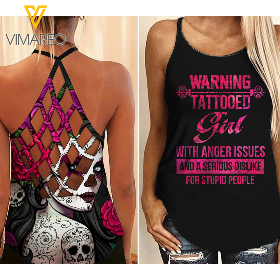 KHMD WARNING TATTOOED Girl Criss-Cross Tank Top