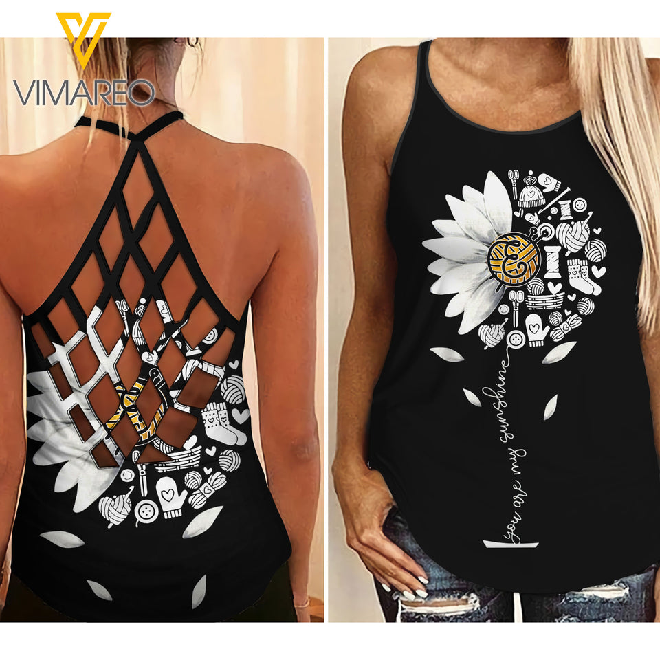 CROCHET SUNFLOWER Criss-Cross Open Back Camisole Tank Top