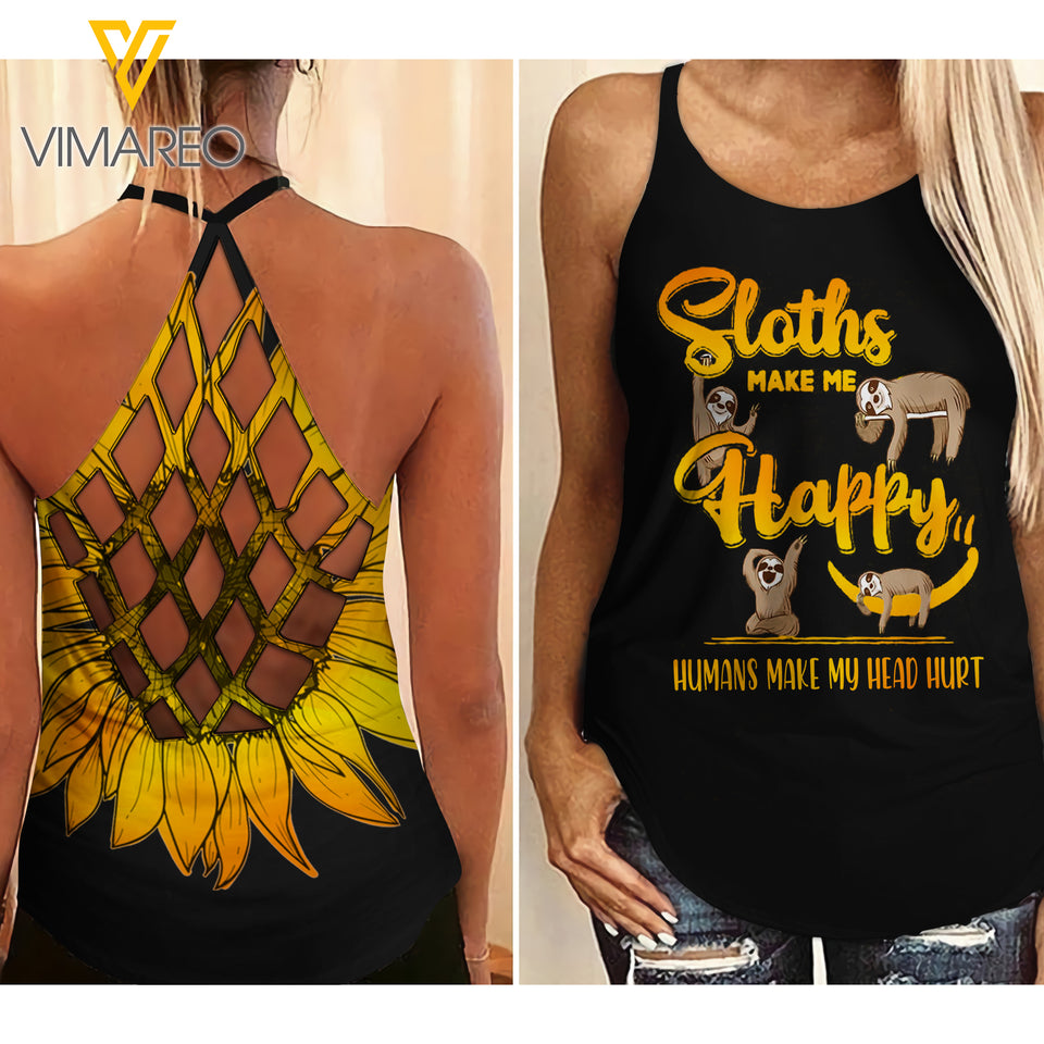 Sloths Make Me Happy Criss-Cross Open Back Camisole Tank Top  VMYY