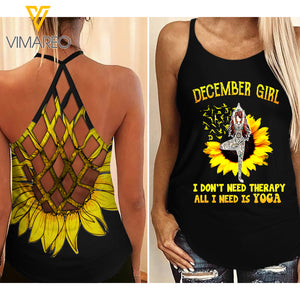 DECEMBER GIRL LOVE YOGA AND SUNFLOWER  Criss-Cross Open Back Camisole Tank Top