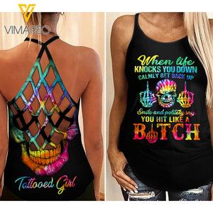 TATTOOED GIRL YOU HIT LIKE A B!TCH Criss-Cross Open Back Camisole Tank Top