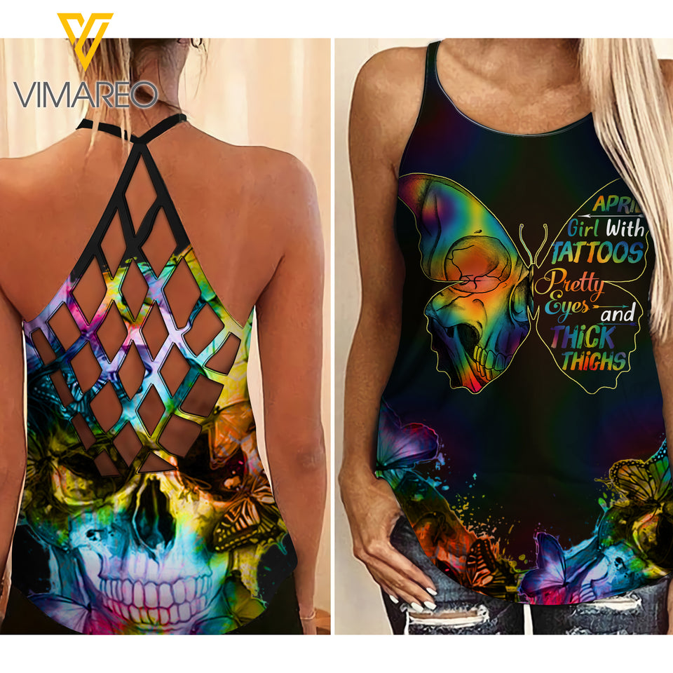 April Girl With Tatoos Pretty Eyes Criss-Cross Open Back Camisole Tank Top VMYY