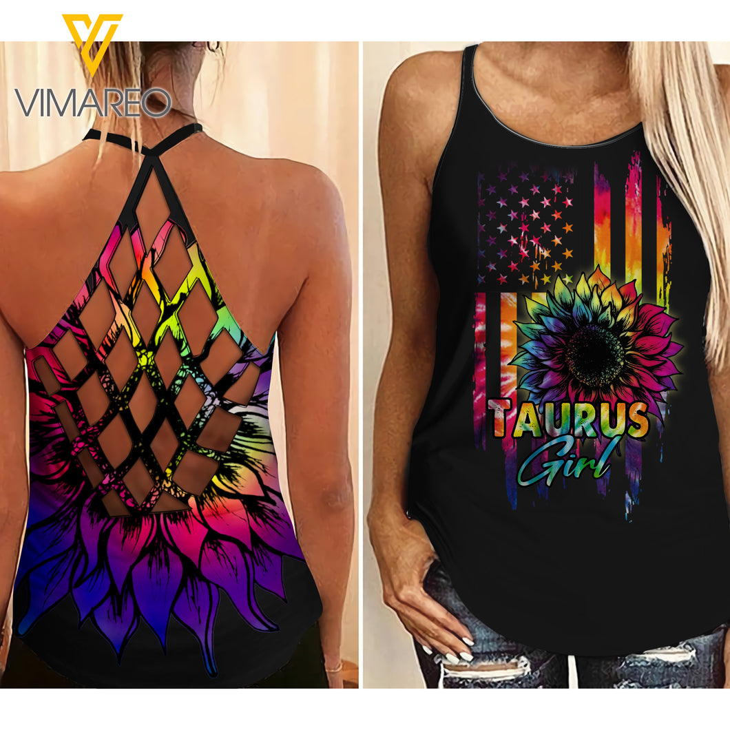 Taurus GIRL Criss-Cross Open Back Camisole Tank Top TIE DYE