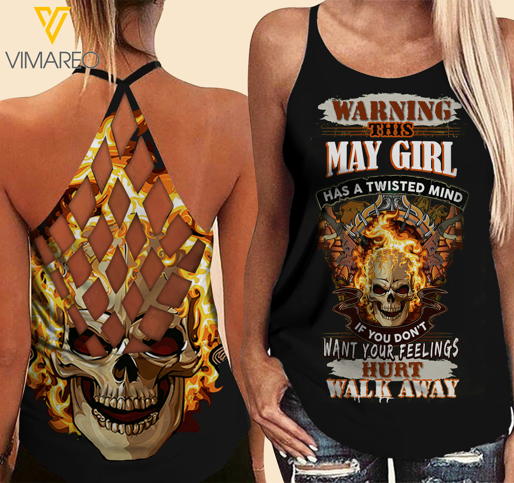 May Girl with SKull Criss-Cross Open Back Camisole Tank Top