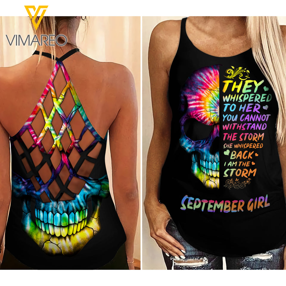 September Girl Skull Tattoos Criss-Cross Open Back Camisole Tank Top 1603NGBA