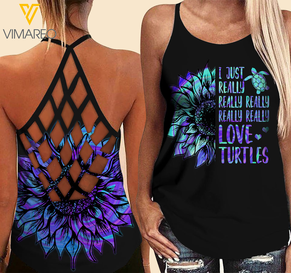 Turtle girl sunflower Criss-Cross Open Back Camisole Tank Top 1607A